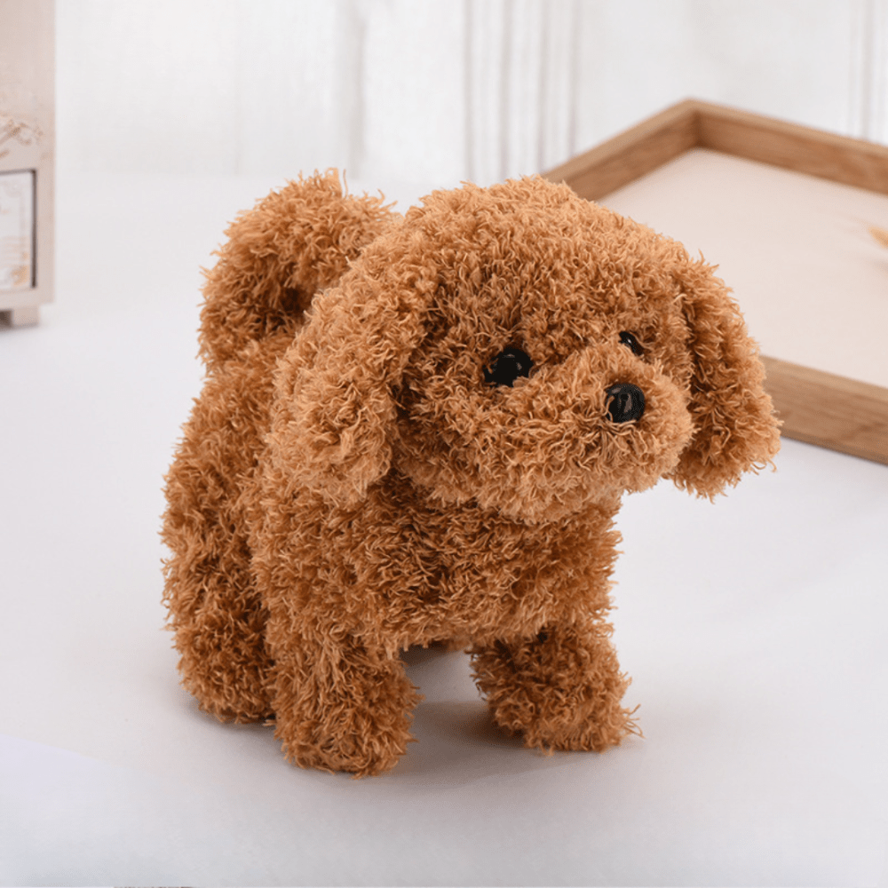 Robotic puppy toy with lifelike movements in brown and white, measuring 30cm, designed as a realistic interactive companion for children and pet lovers. 0